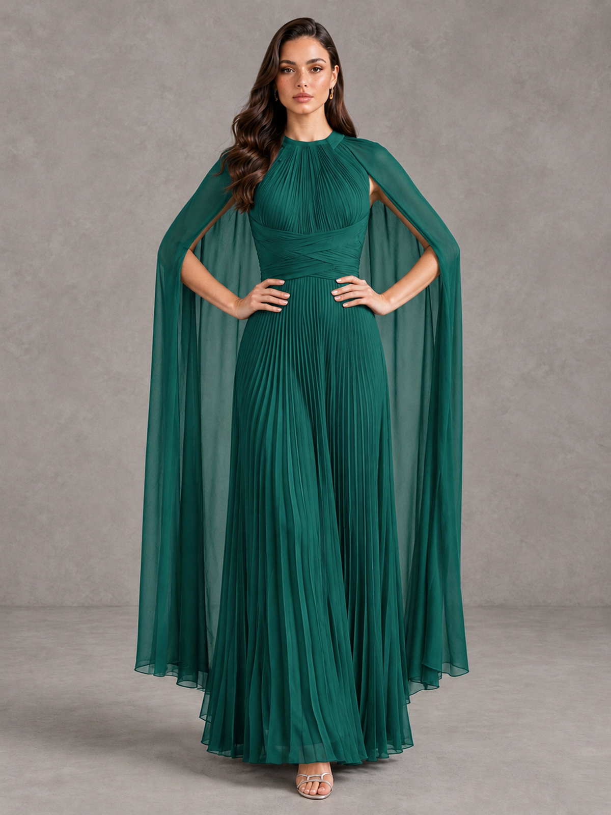 BOLODOO Teal Pleated Cape Maxi Wedding Guest Dress - Teal - Teal (4)