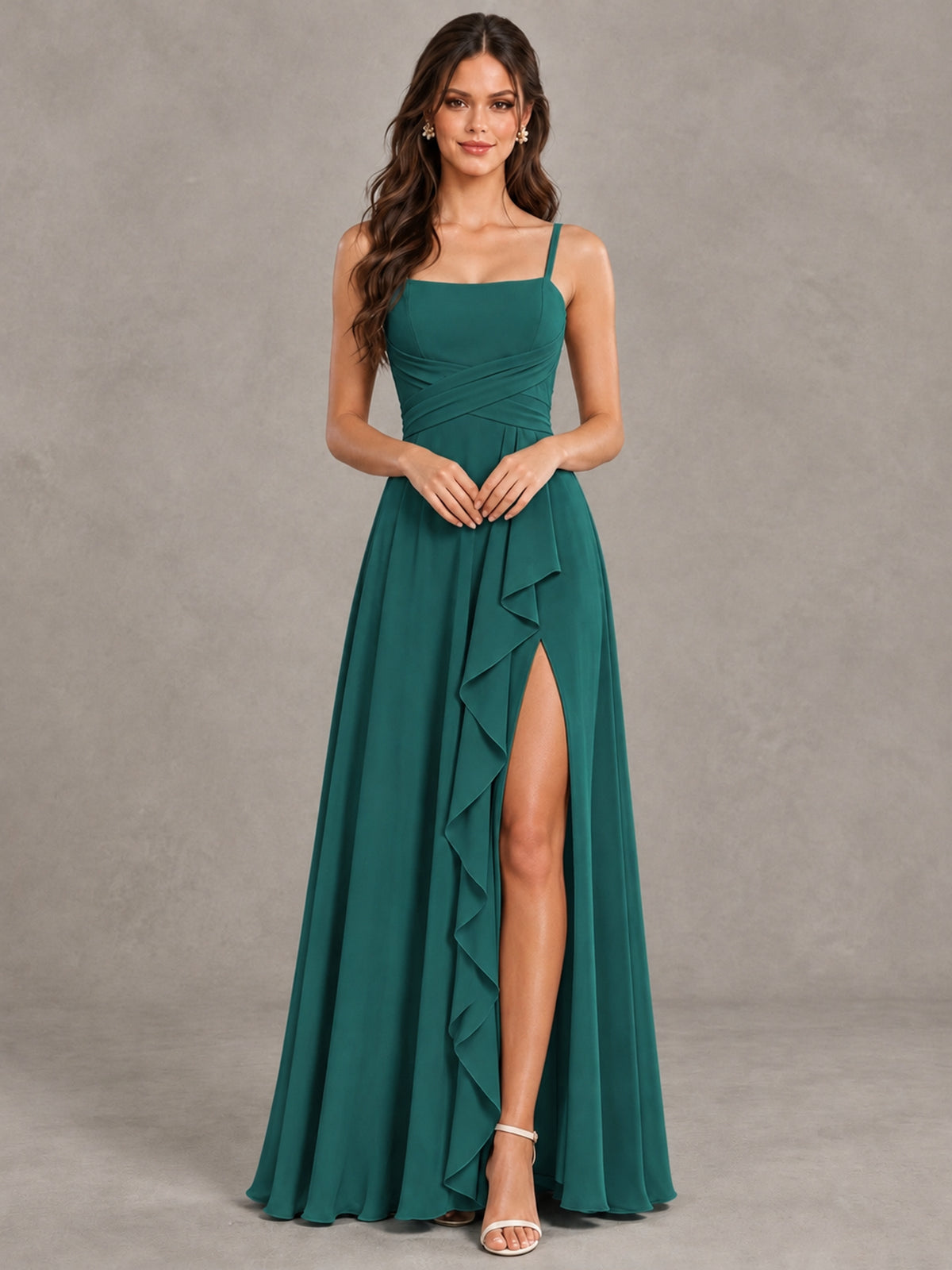 BOLODOO Teal Spaghetti Strap Ruffle Bridesmaid Dress with Slit - Teal - Teal (4)