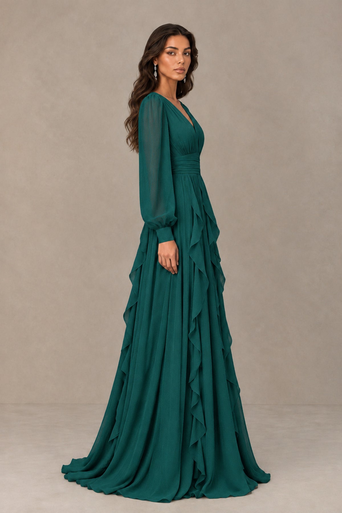 BOLODOO Teal Long Sleeve V-Neck Ruffle Maxi Dress - Teal - Teal (4)