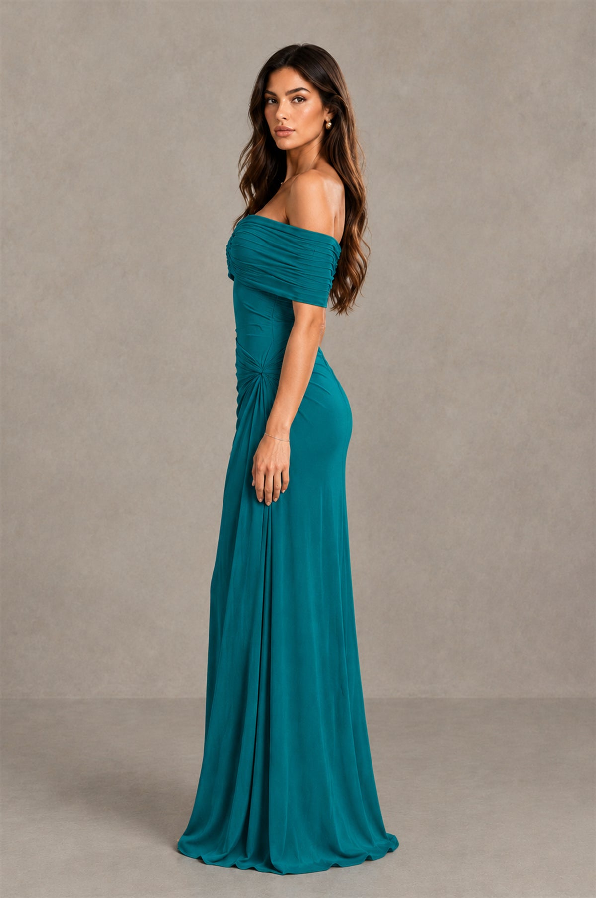 BOLODOO Teal Off-Shoulder Ruched Maxi Dress - Teal