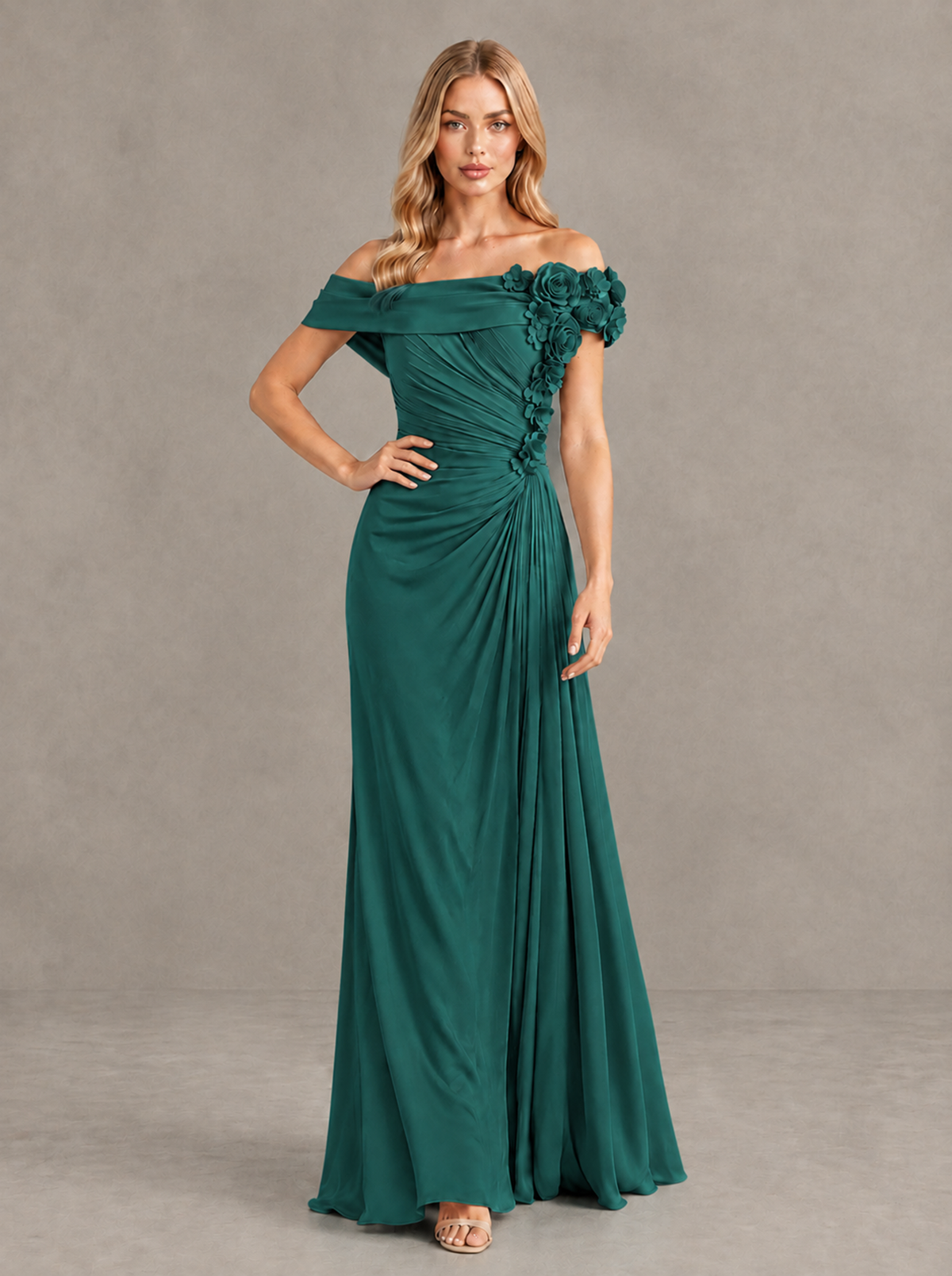 BOLODOO Teal Off-Shoulder Floral Applique Wedding Guest Maxi Dress - Teal - Teal (4)