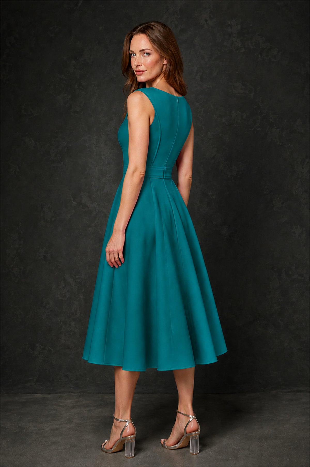 BOLODOO Teal 3D Rosette Appliqué 3/4 Sleeve Jacket & V-Notch Sleeveless A-Line Tea-Length Two-Piece Dress Set - Teal