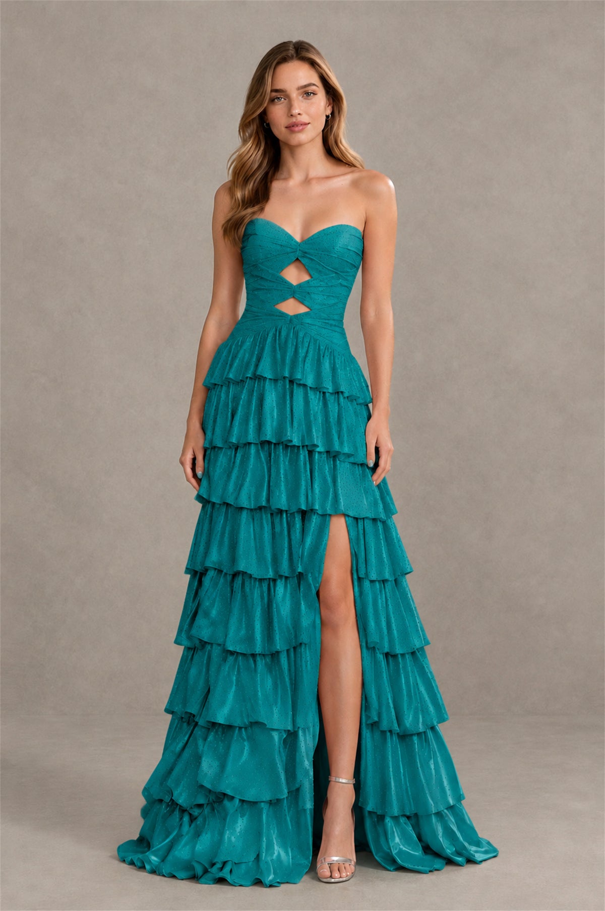 BOLODOO Teal Strapless Cutout Tiered Ruffle Prom Dress with High Slit - Teal - Teal (4)