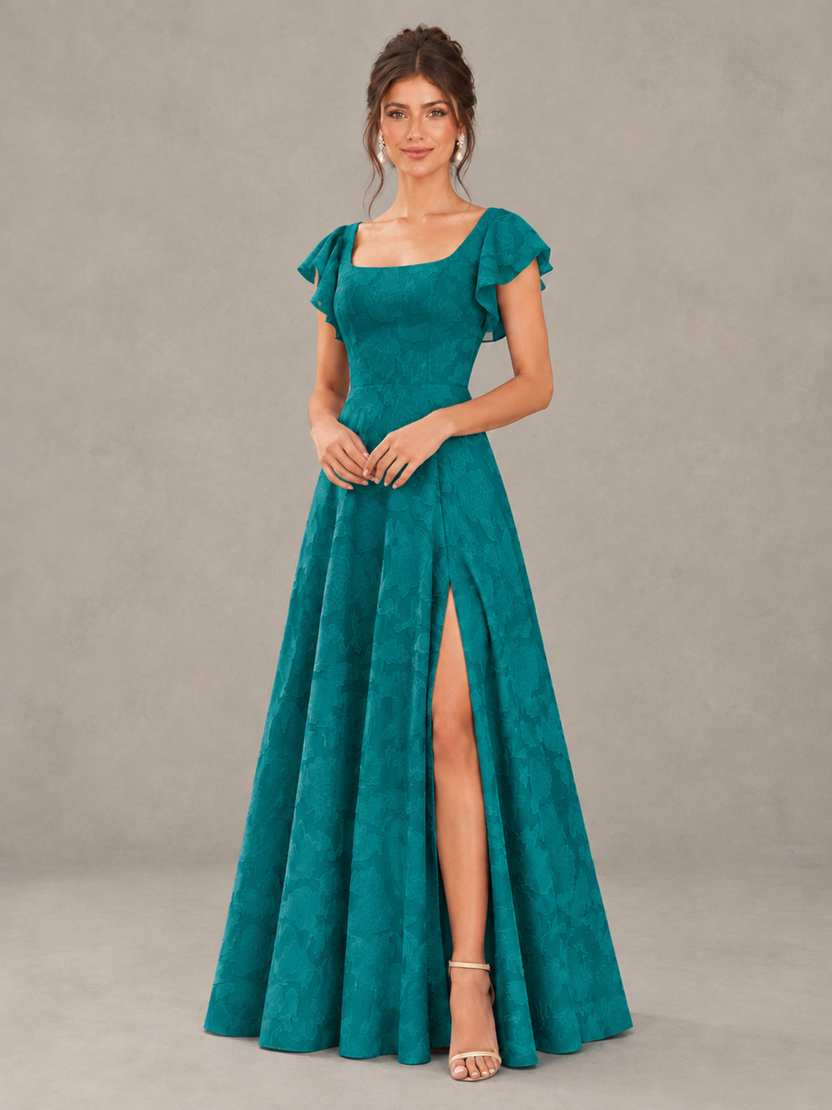 BOLODOO Teal Floral Flutter Sleeve Bridesmaid Dress with Slit - Teal - Teal (4)