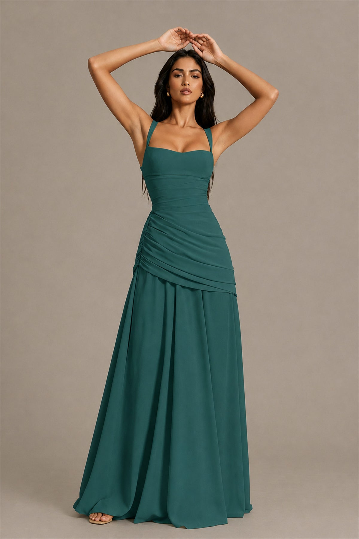 BOLODOO Square Neck Ruched A-Line Maxi Dress - Teal Backless Evening Gown - Teal