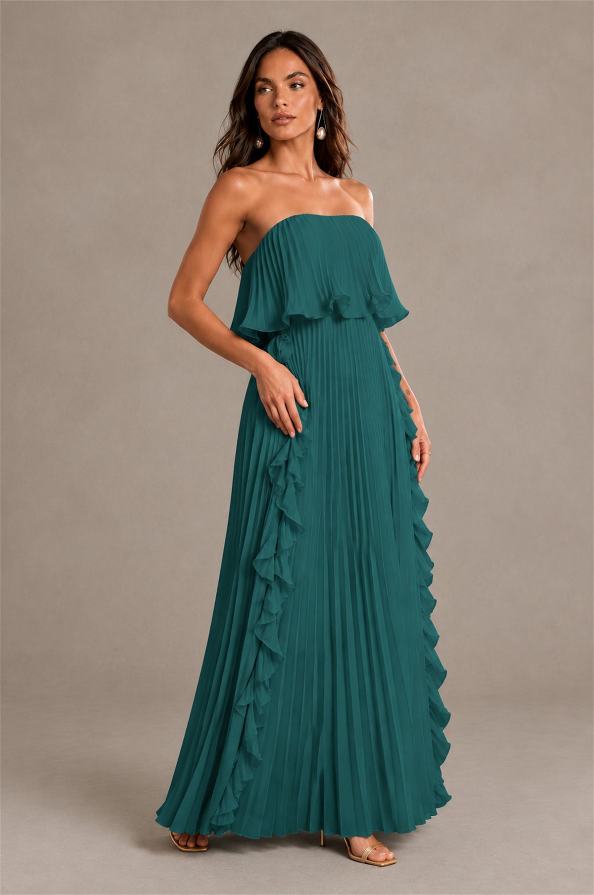 BOLODOO Teal Strapless Ruffle Bodice Dual Cascading Ruffle Accordion Pleated Chiffon Maxi Dress - Teal