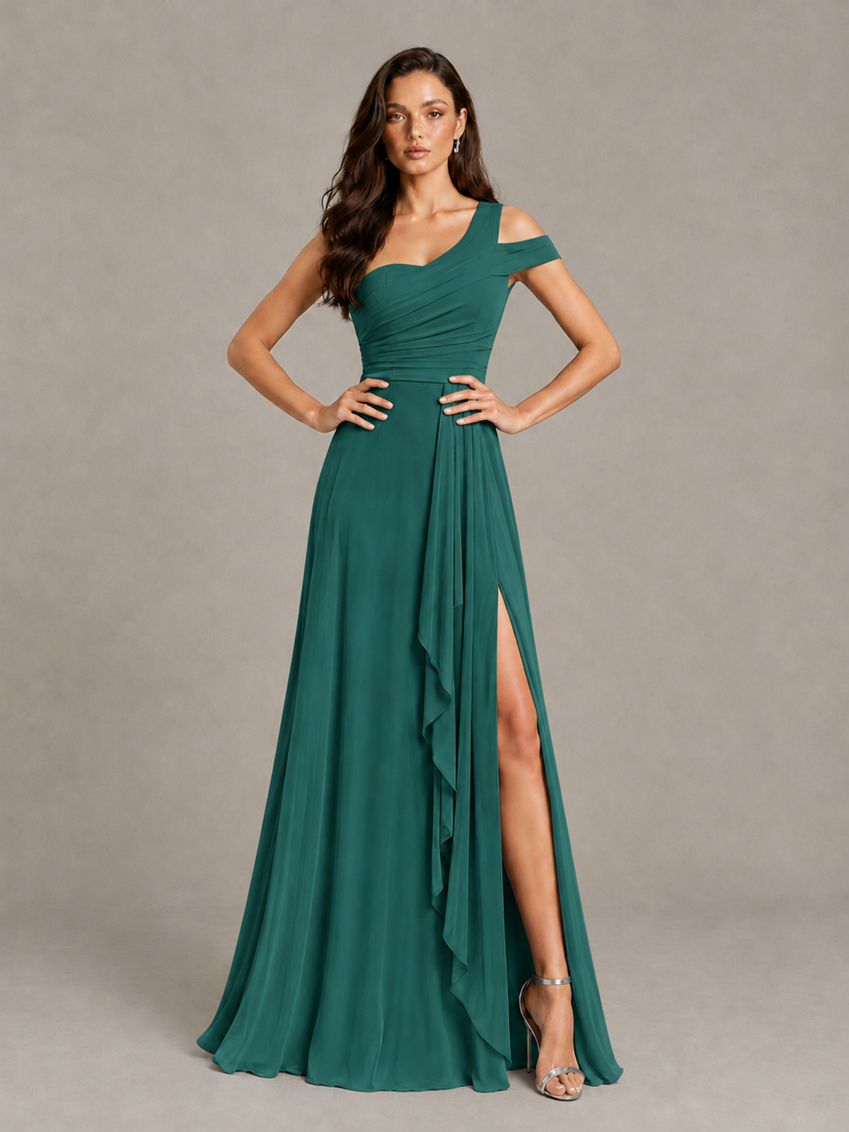 BOLODOO Teal One-Shoulder Bridesmaid Dress with Side Slit - Teal - Teal (4)
