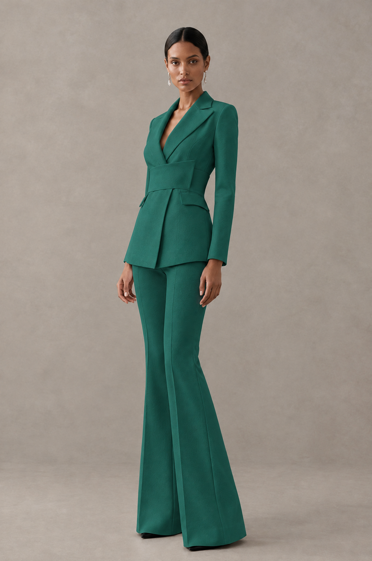 BOLODOO Teal Two-Piece Pantsuit with Tailored Blazer & Flared Pants - Teal - Teal (4)