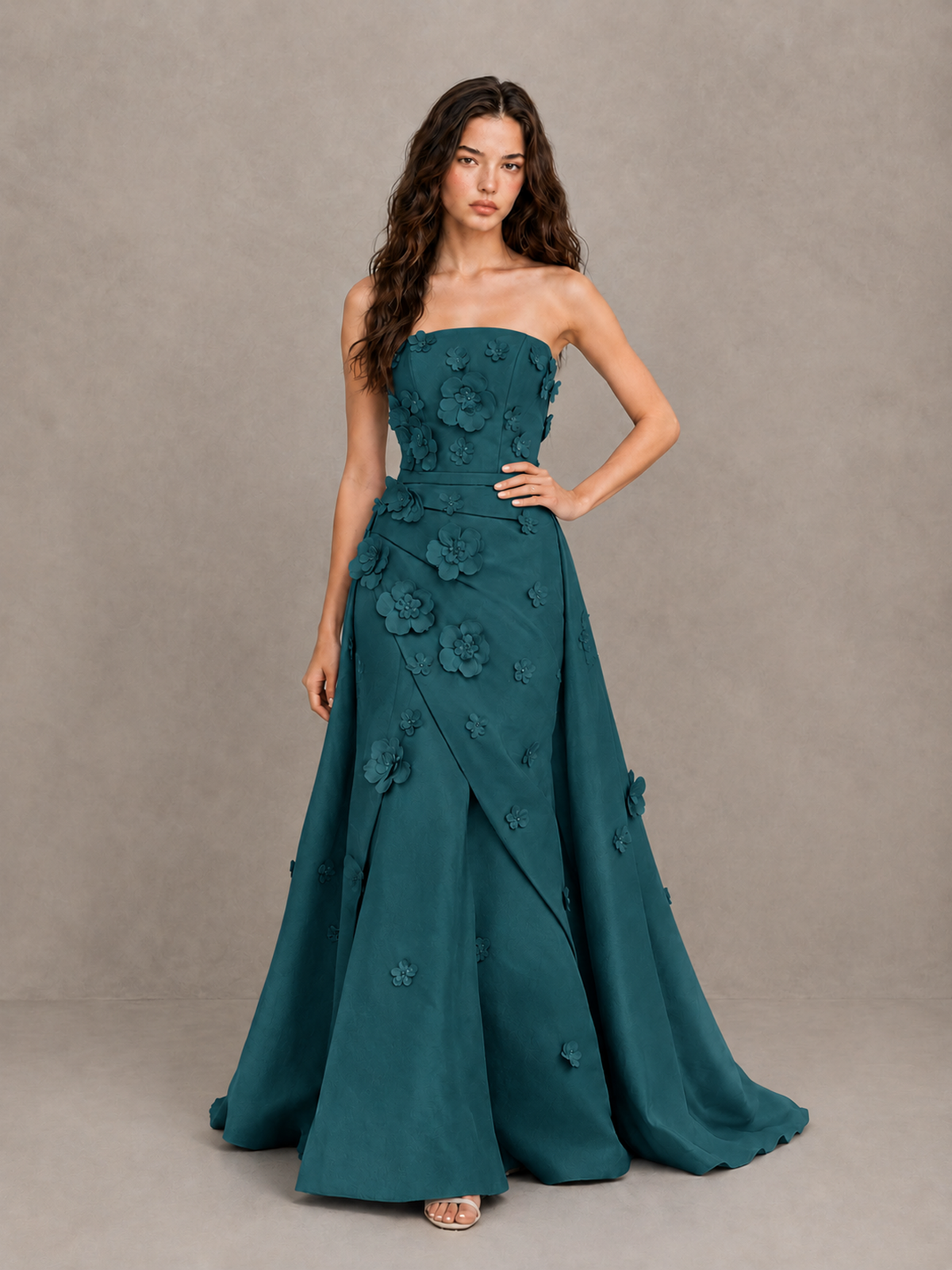 BOLODOO Teal Strapless 3D Floral Applique Prom Gown with Draped Skirt - Teal - Teal (4)