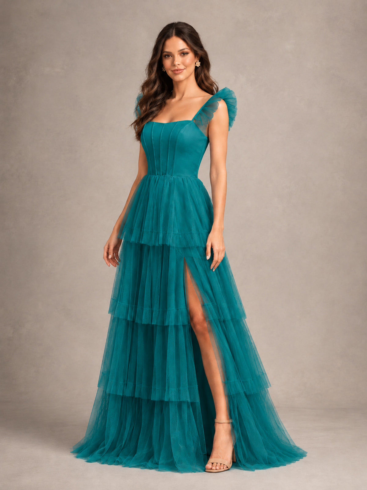 BOLODOO Teal Tiered Tulle Bridesmaid Dress with Slit - Teal - Teal (4)