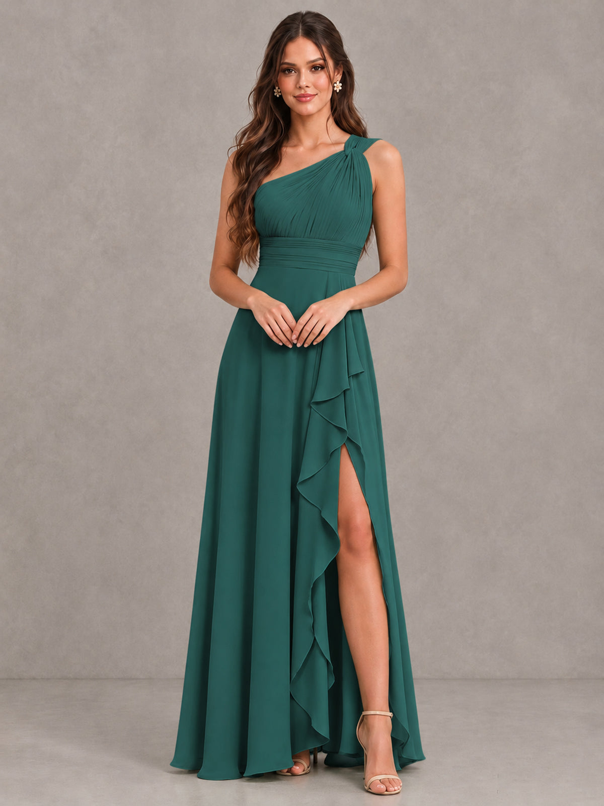 BOLODOO Teal One-Shoulder Ruffle Bridesmaid Dress with Slit - Teal - Teal (4)