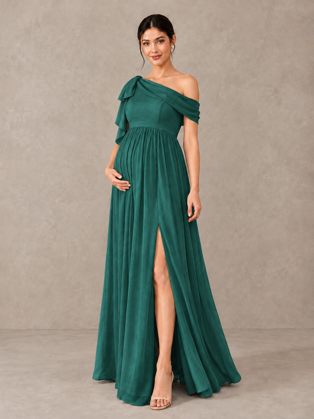 BOLODOO Teal One-Shoulder Maternity Bridesmaid Dress with Slit - Teal - Teal (4)