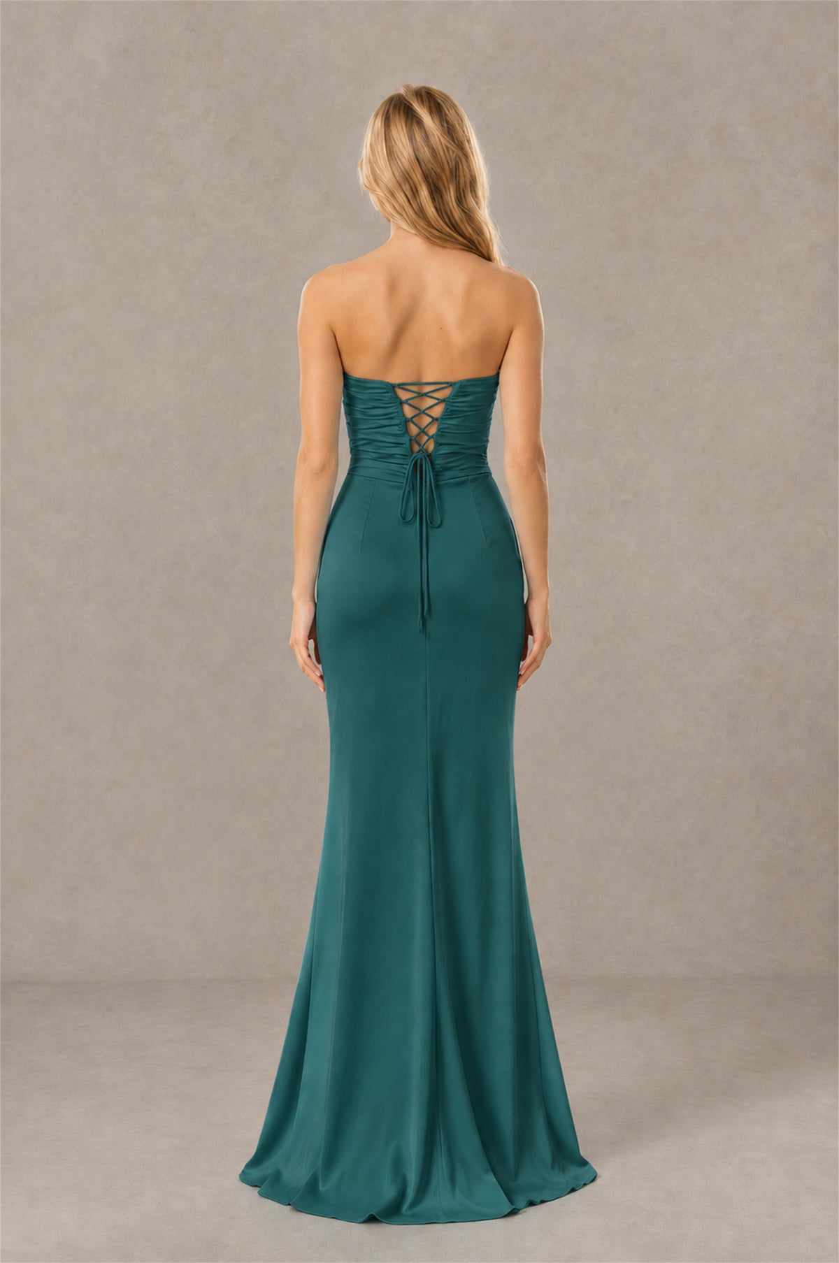 BOLODOO Teal Sweetheart Strapless Twist Knot Cutout Lace-Up Back Satin Mermaid Maxi Dress - Teal - Teal (4)