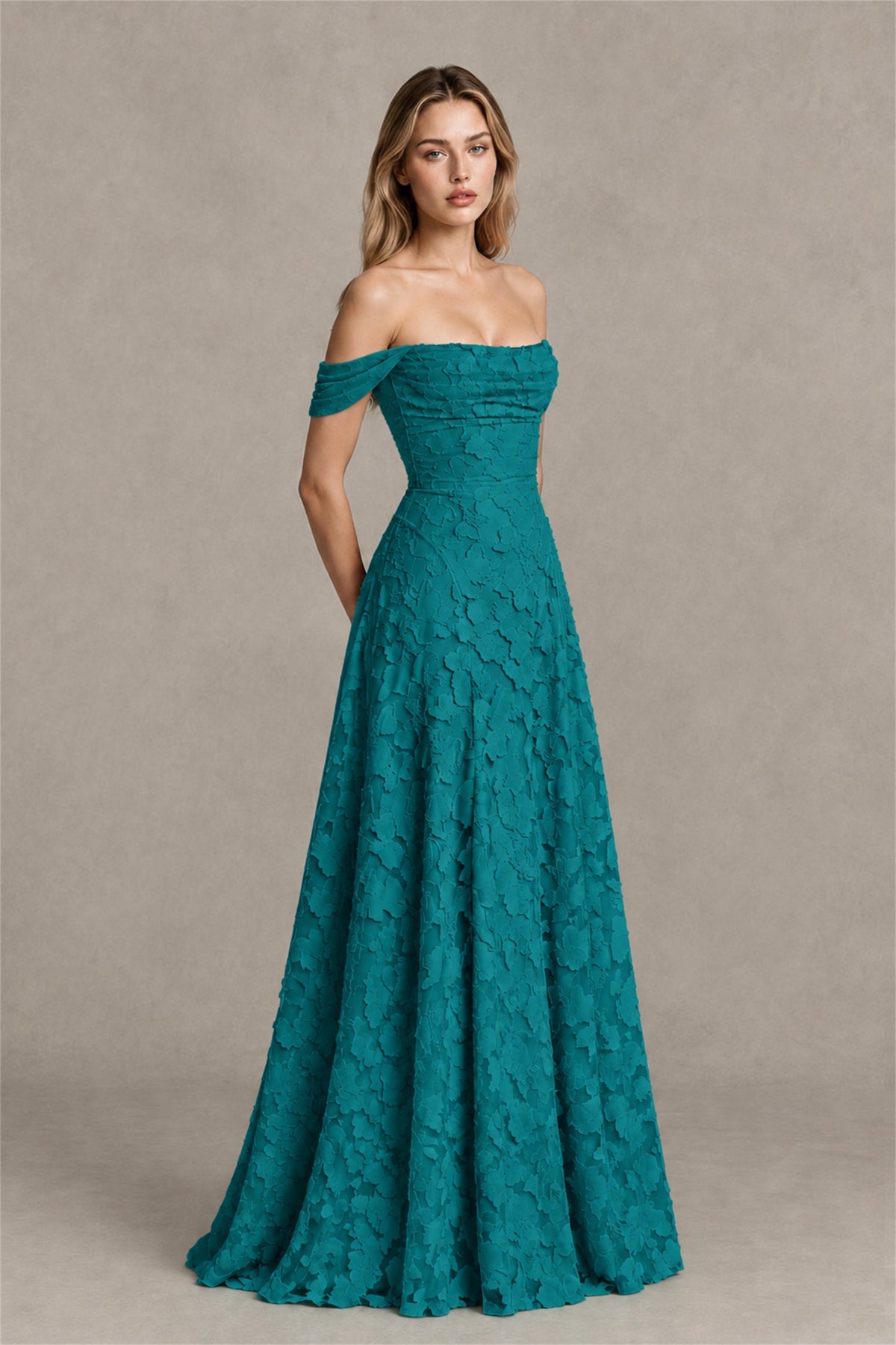 BOLODOO Teal Off-Shoulder Pleated A-Line Maxi Dress Floral - Teal
