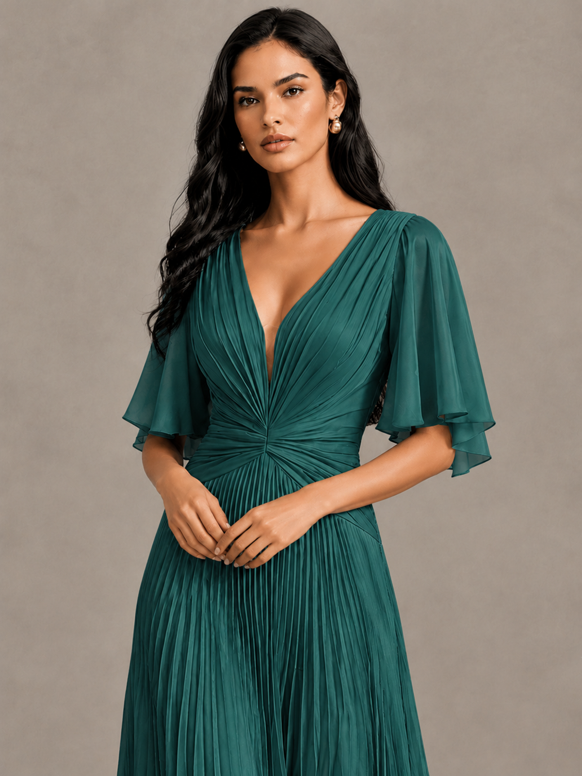 BOLODOO Teal Pleated V-Neck Flutter Sleeve Bridesmaid Dress - Teal - Teal (4)