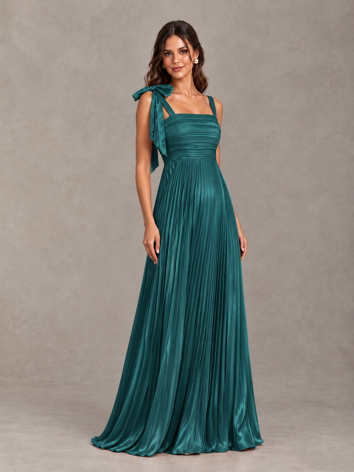 BOLODOO Teal Pleated Bow-Strap Bridesmaid Maxi Dress - Teal - Teal (4)