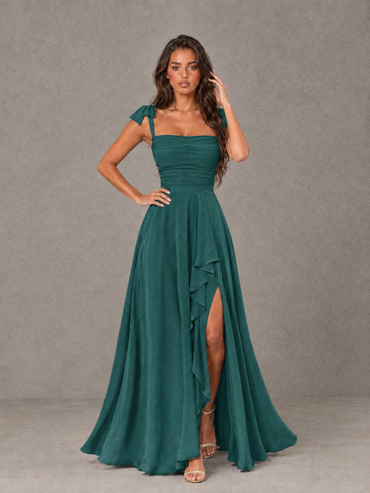 BOLODOO Teal Bow-Strap Bridesmaid Dress with Ruffle Slit - Teal - Teal (4)