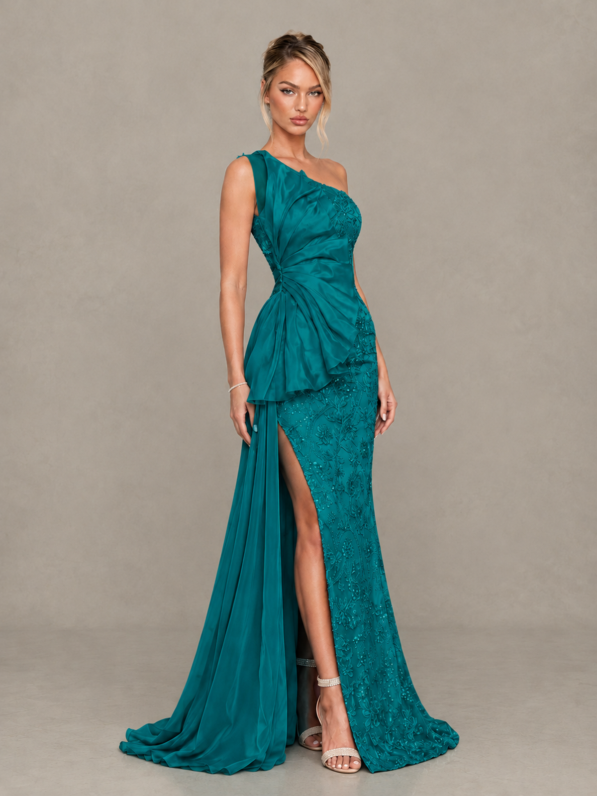 BOLODOO Teal One-Shoulder Floral Lace Evening Gown with High Slit - Teal - Teal (4)