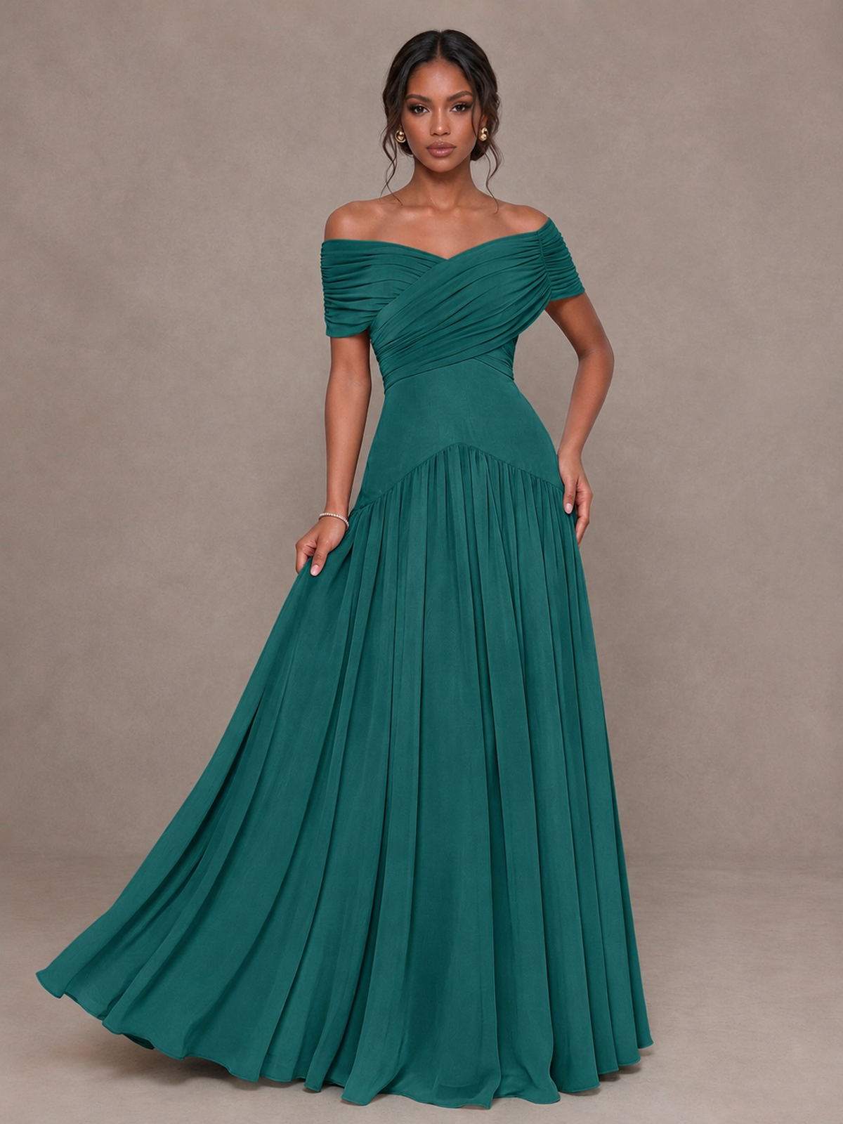 BOLODOO Teal Off-Shoulder Ruched A-Line Bridesmaid Dress - Teal - Teal (4)