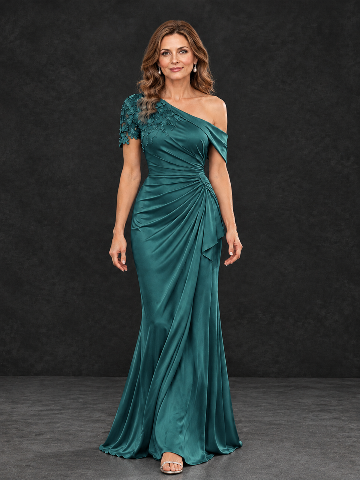 BOLODOO Teal Asymmetric Satin Mother of the Bride Dress with Lace Sleeve - Teal - Teal (4)