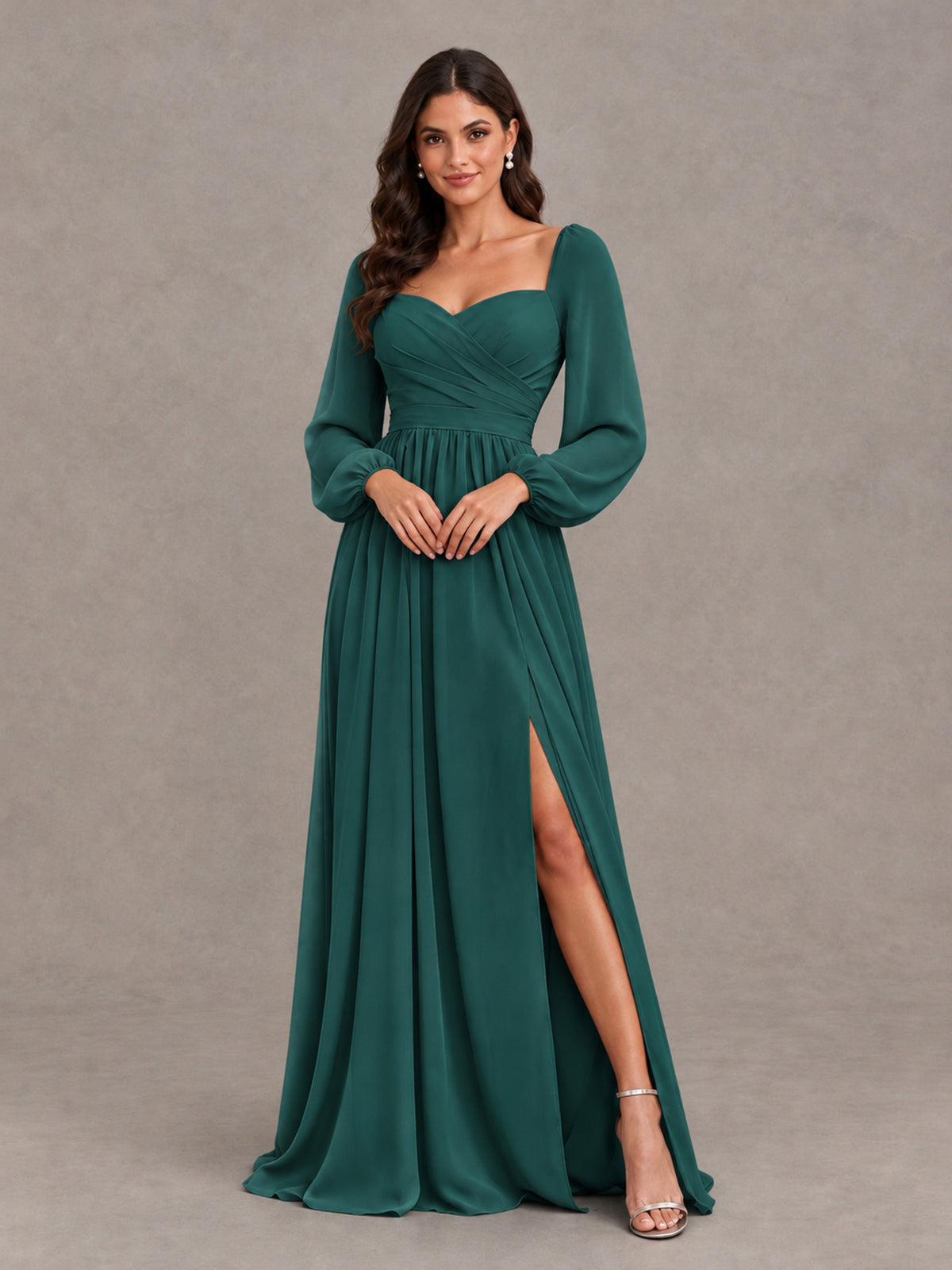 BOLODOO Teal Long Sleeve Chiffon Bridesmaid Dress with Slit - Teal - Teal (4)