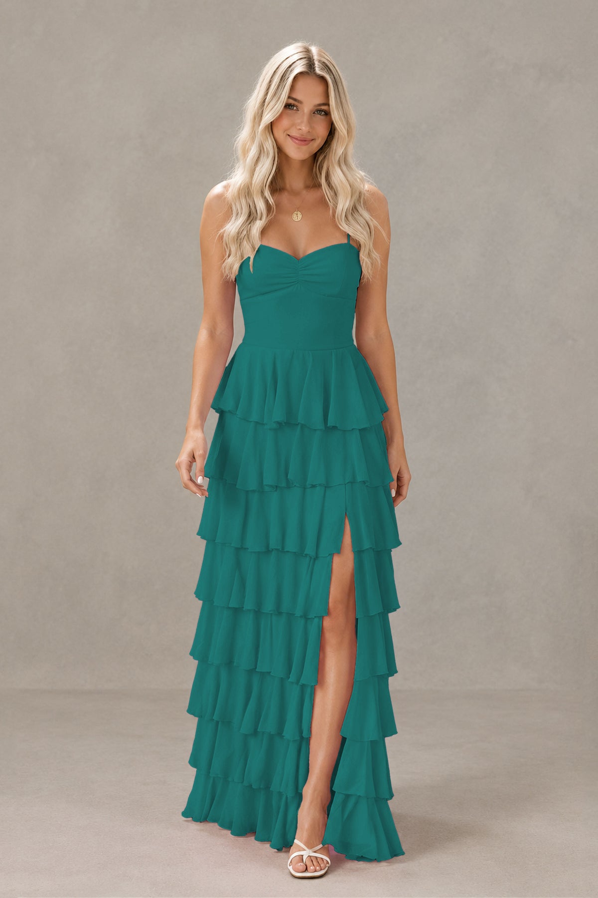 BOLODOO Teal Strapless Tiered Ruffle Maxi Dress with Slit & Lace-Up Back - Teal