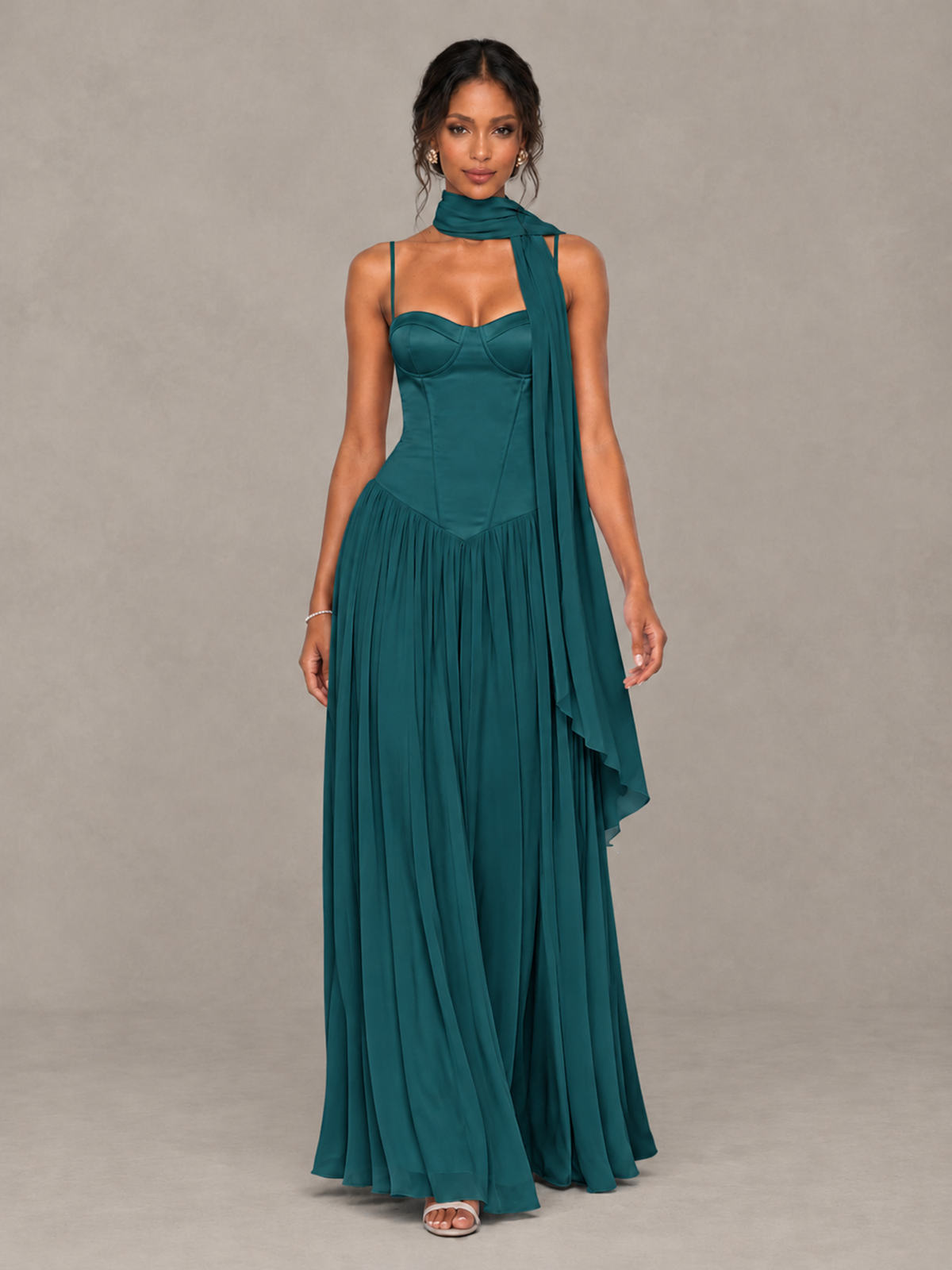 BOLODOO Teal Corset Bridesmaid Dress with Scarf - Teal - Teal (4)