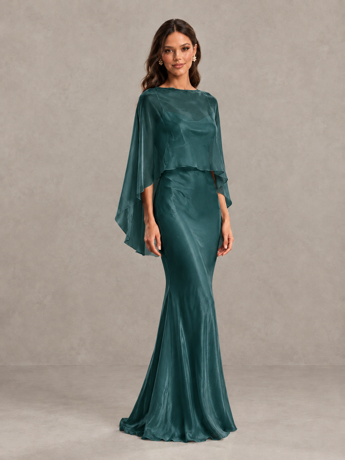 BOLODOO Teal Satin Mermaid Bridesmaid Dress with Chiffon Cape - Teal - Teal (4)
