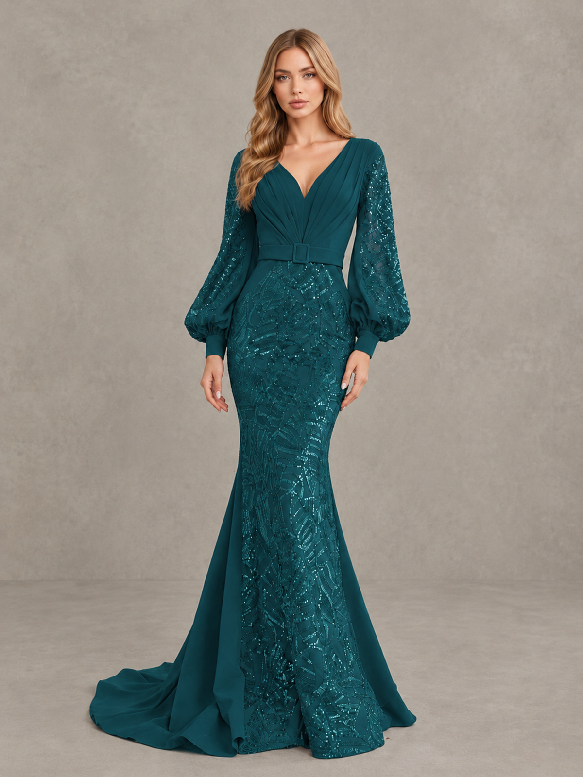 BOLODOO Teal Sequin Long Bishop Sleeve Mermaid Evening Dress - Teal - Teal (4)