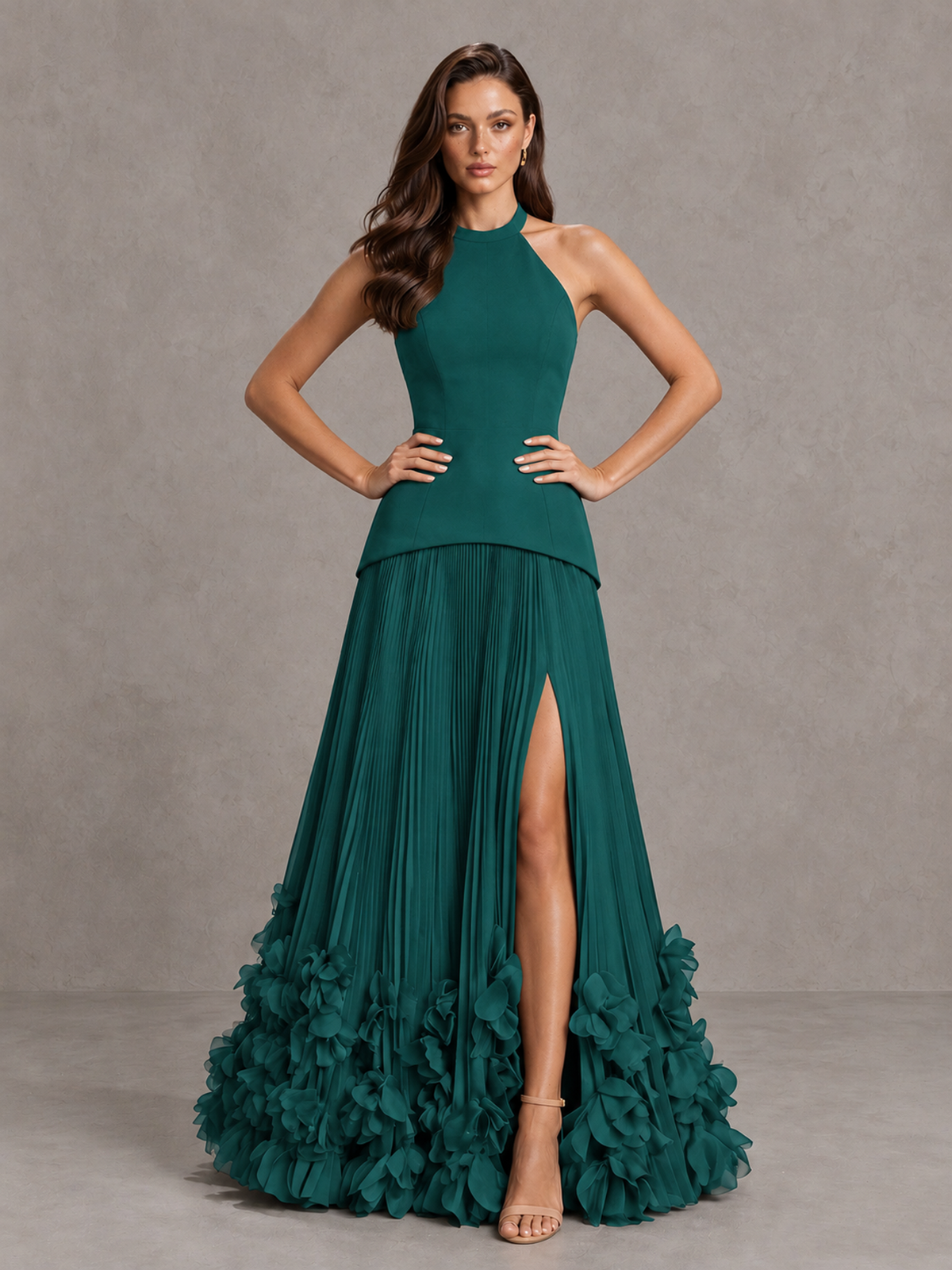 BOLODOO Teal Halter Neck Floor-Length Evening Gown with High Slit & 3D Floral Hem - Teal - Teal (4)