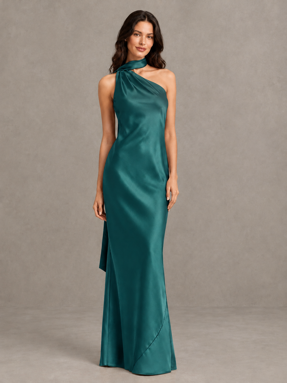 BOLODOO Teal Satin One-Shoulder Bridesmaid Dress with Open Back - Teal - Teal (4)