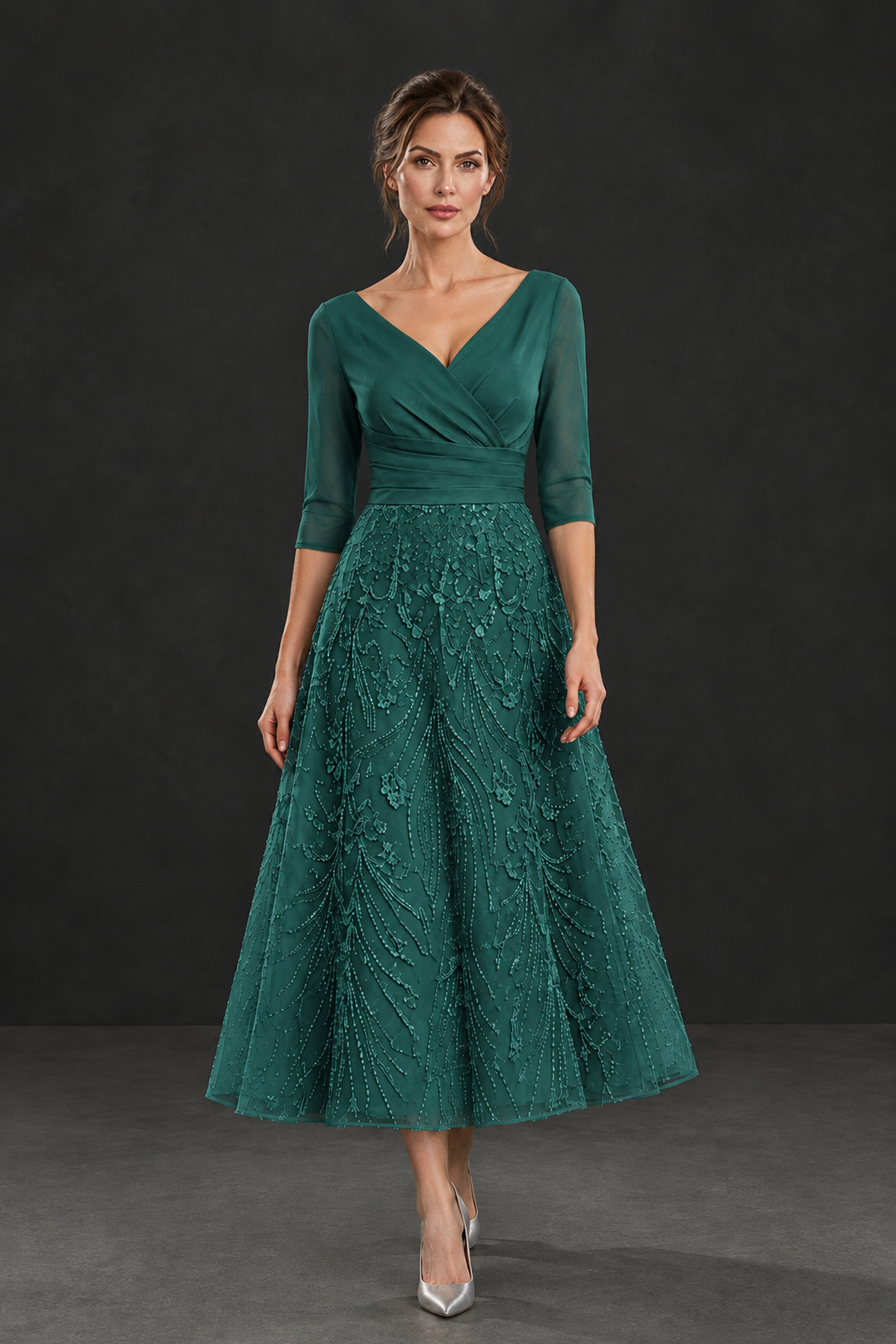 BOLODOO Teal V-Neck Tea-Length Lace Mother of the Bride Dress - Teal