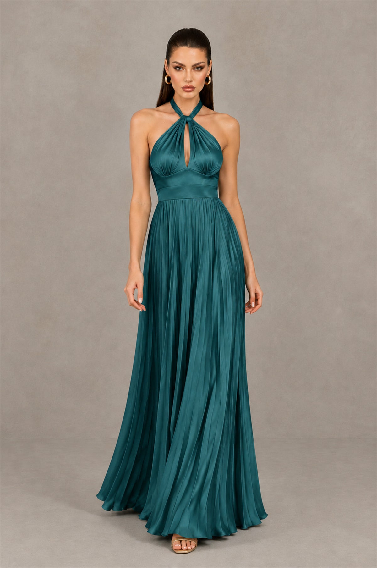 BOLODOO Teal Halter Pleated A-Line Evening Dress - Teal - Teal (4)