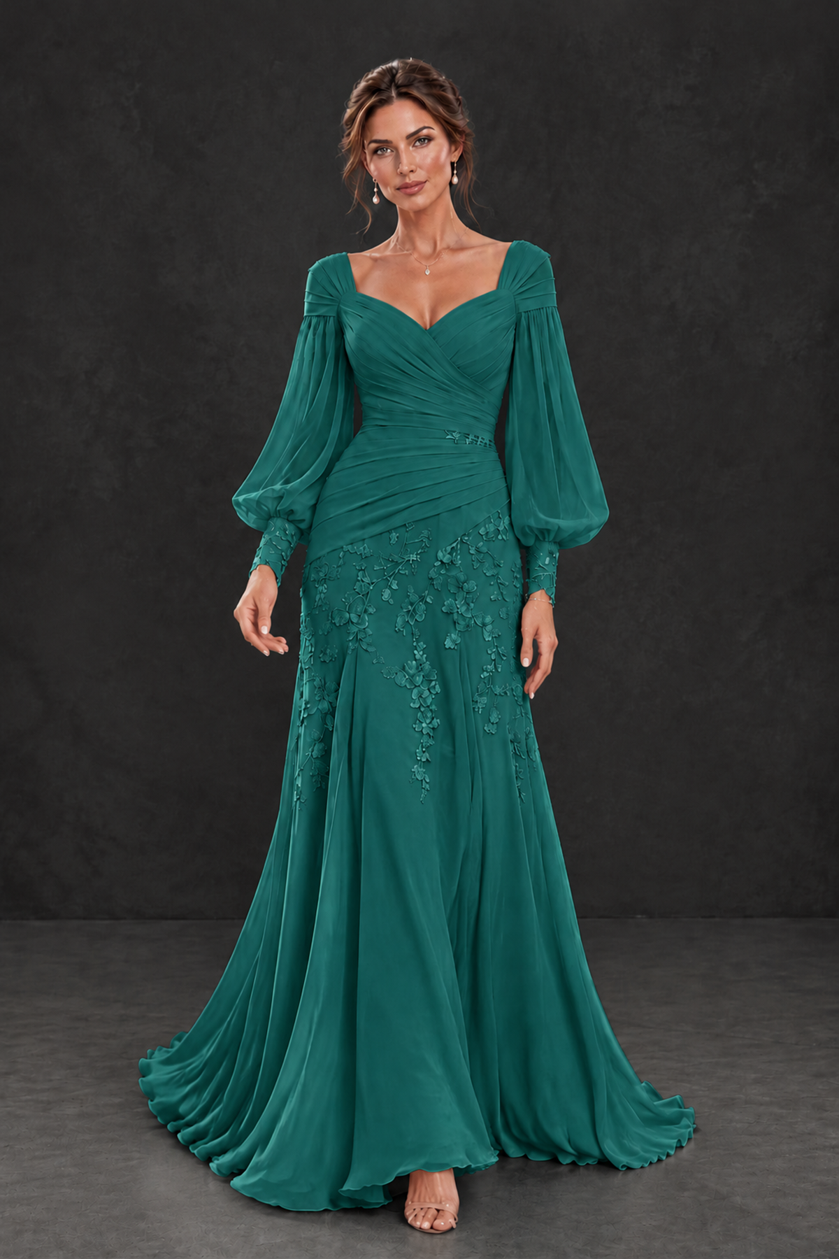 BOLODOO Teal Long Sleeve Mother of the Bride Dress with Floral Appliqués - Teal - Teal (4)