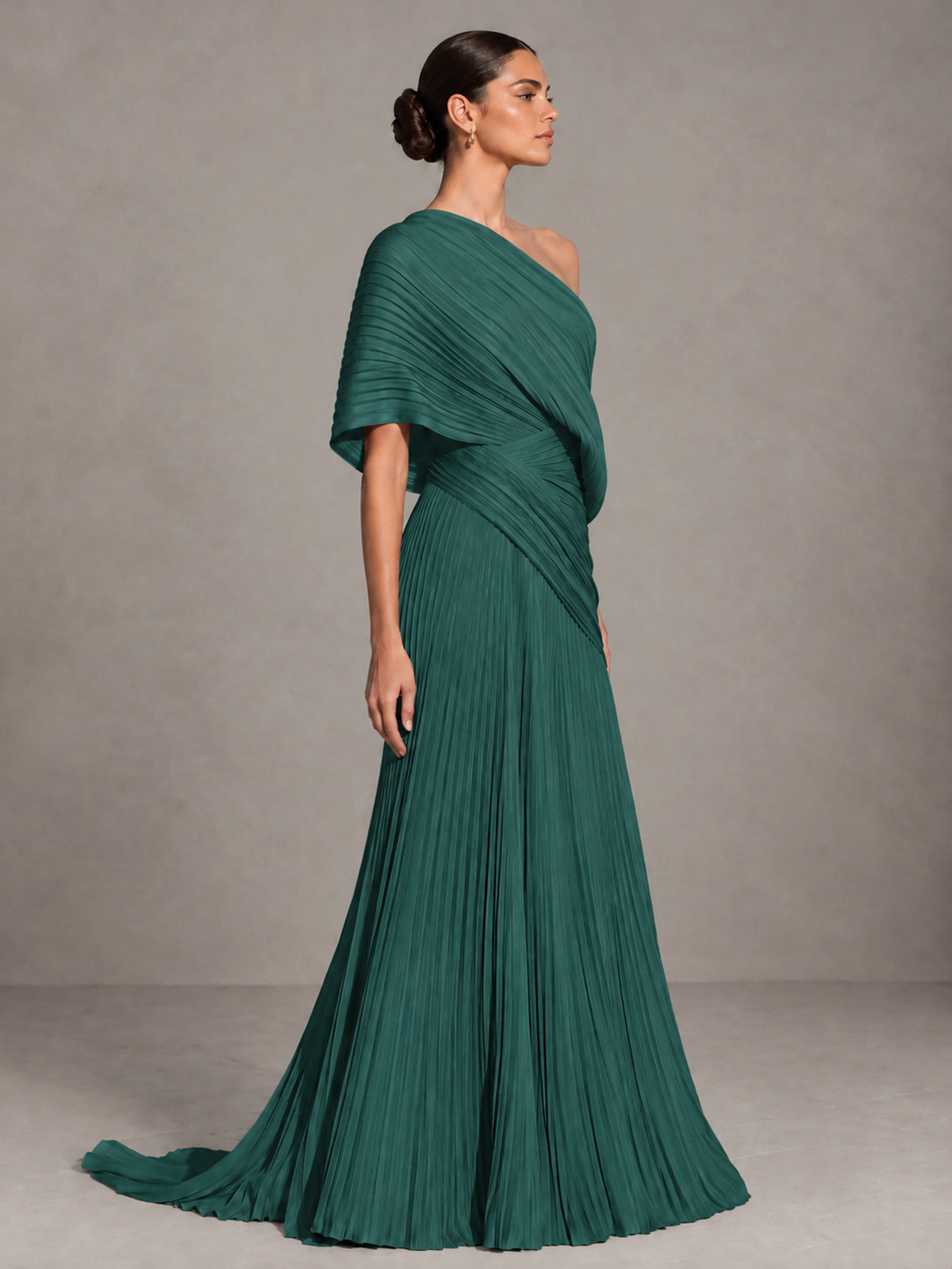 BOLODOO Teal One-Shoulder Pleated Cape Evening Gown with Train - Teal - Teal (4)