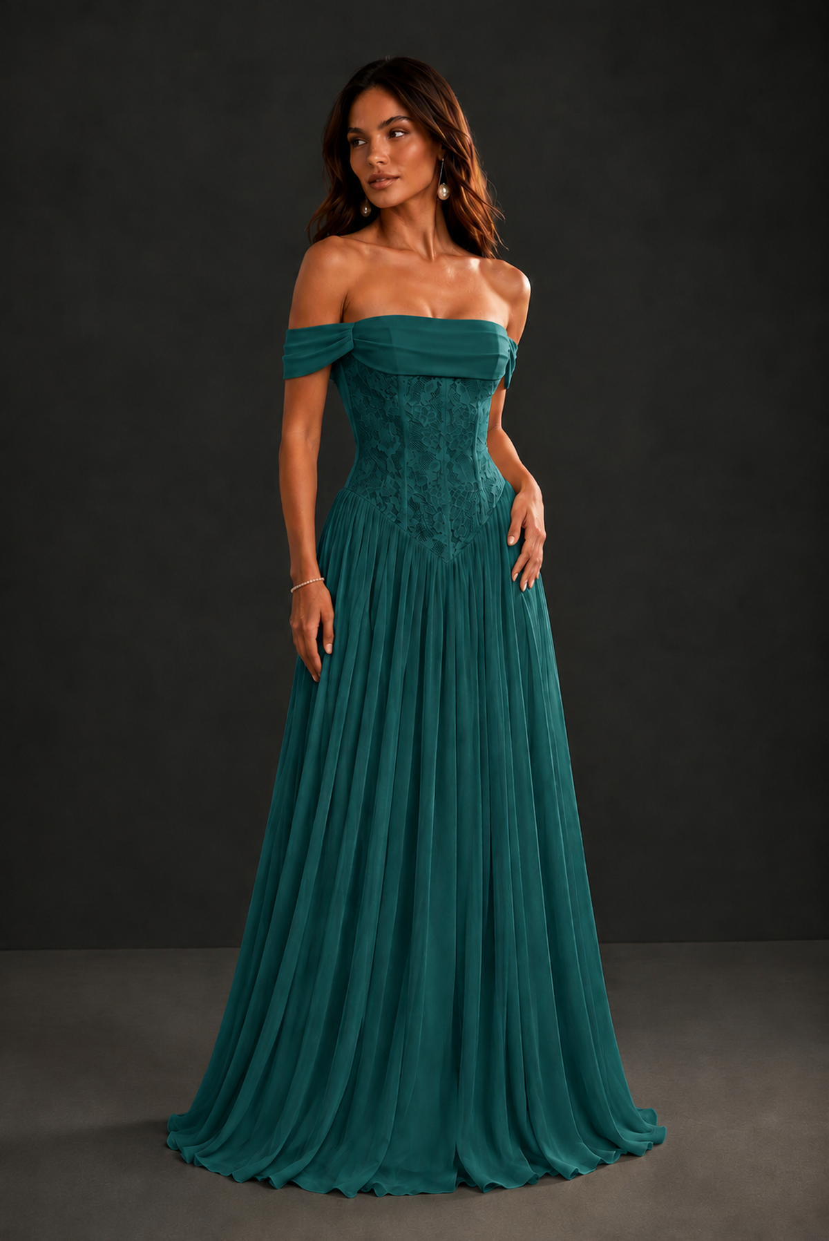 BOLODOO Teal Off-Shoulder Lace Corset Tulle Maxi Dress - Teal