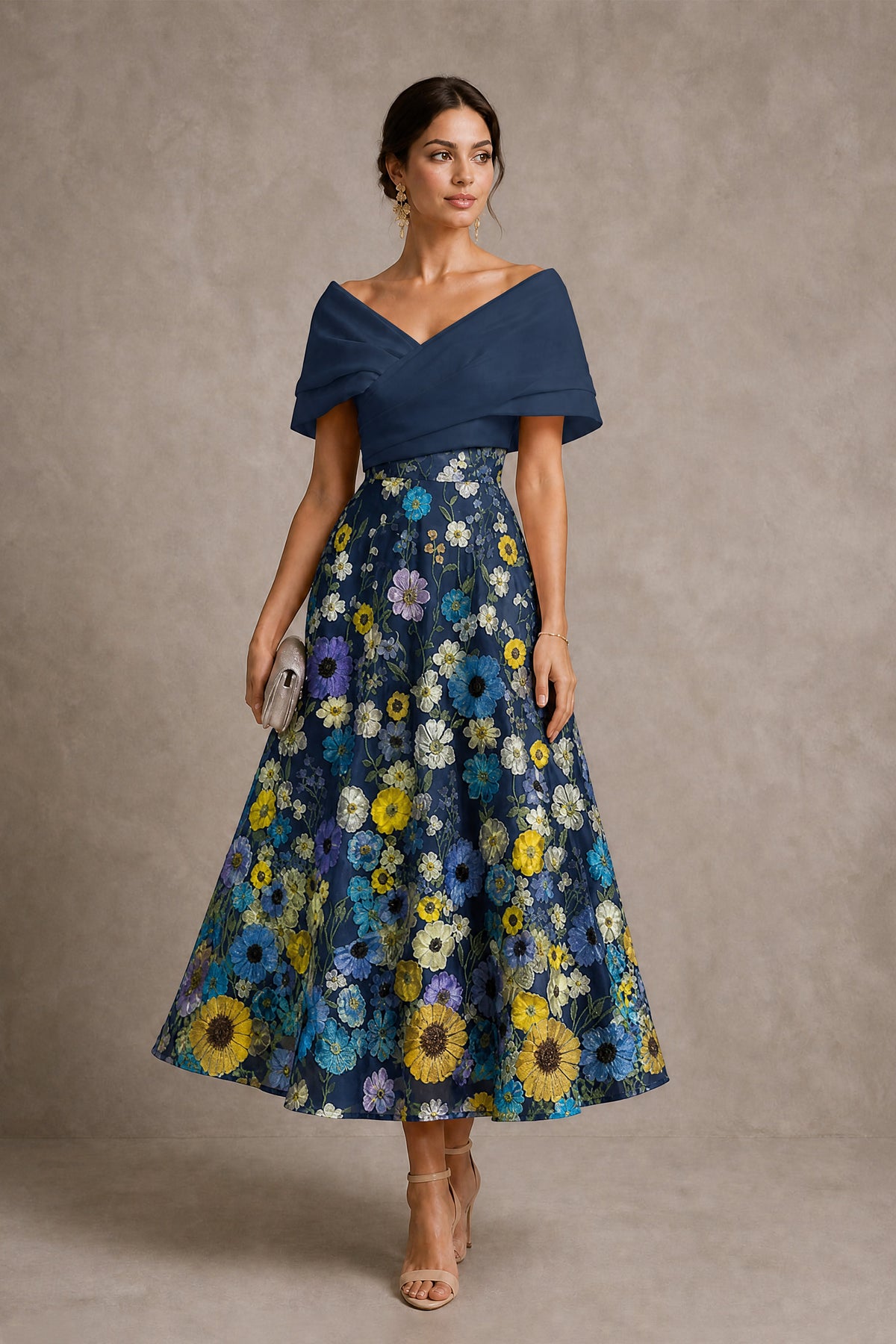 Teal Off-Shoulder Satin & 3D Floral Embroidered Tulle Tea Length A-Line Dress - Teal