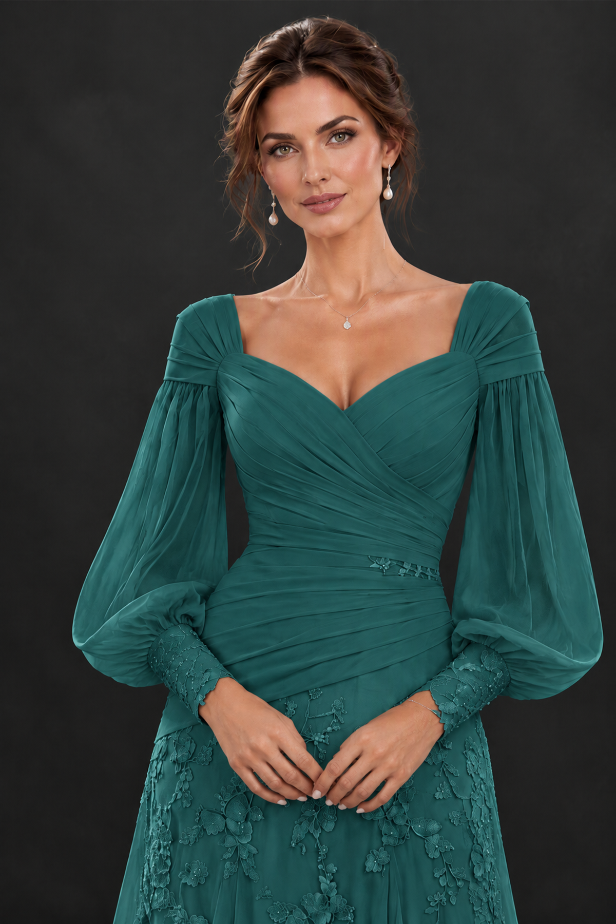 BOLODOO Teal Long Sleeve Mother of the Bride Dress with Floral Appliqués - Teal - Teal (5)