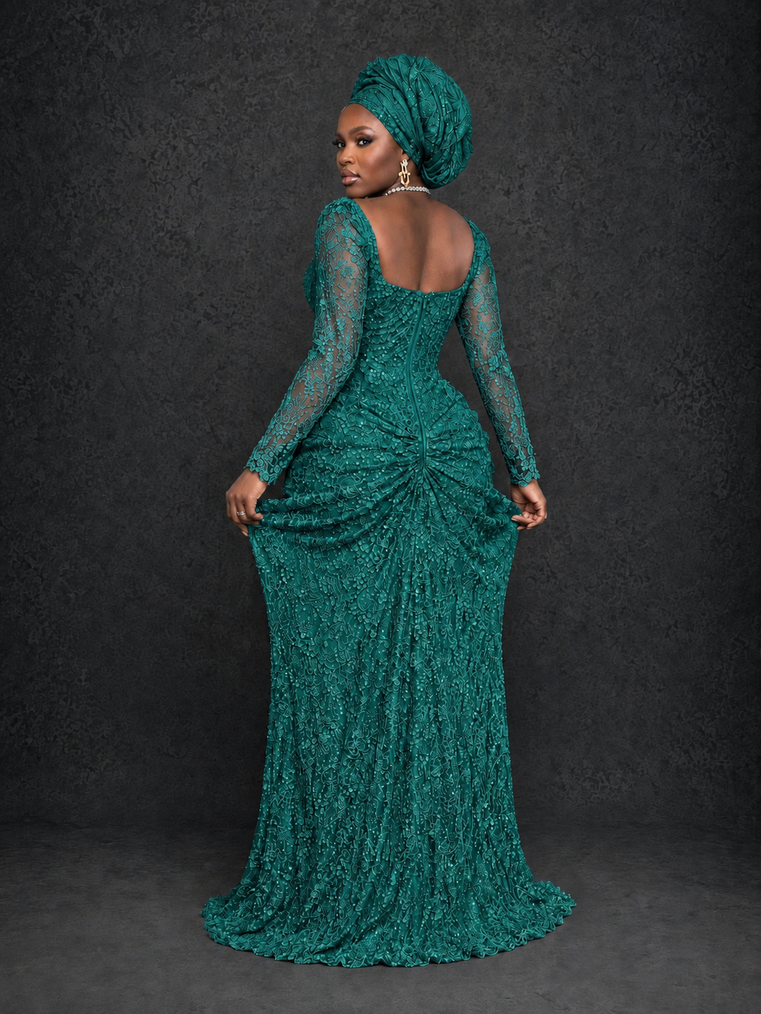 BOLODOO Teal Beaded Lace Long Sleeve Mermaid Gown Sweetheart | Mother of the Bride 