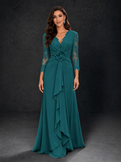 BOLODOO Teal Lace Sleeve V-Neck Floral Waist Chiffon A-Line Maxi Dress 
