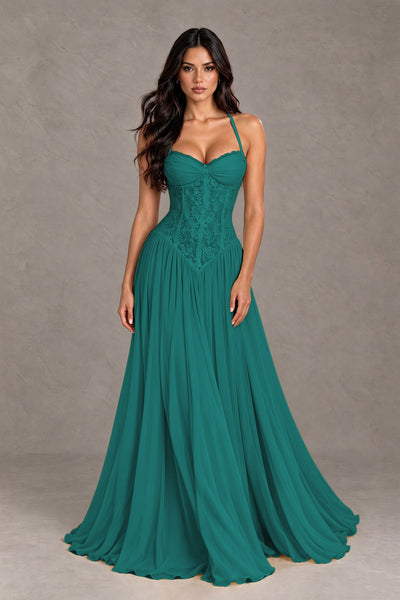 BOLODOO Teal Lace Corset Halter Maxi Gown – Backless A-Line Formal Dress 