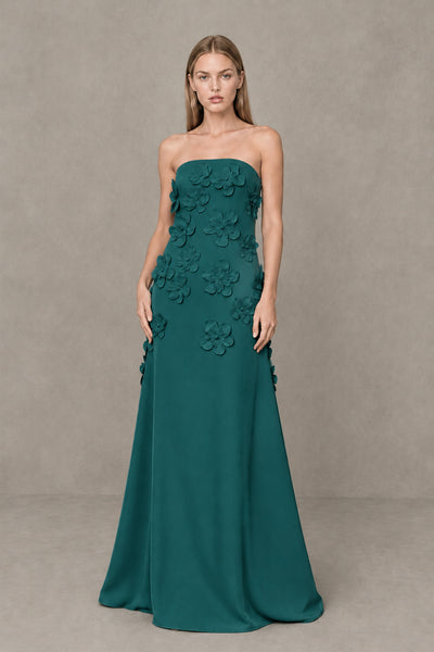 BOLODOO Teal Strapless 3D Floral Appliqué Crepe Maxi Gown 