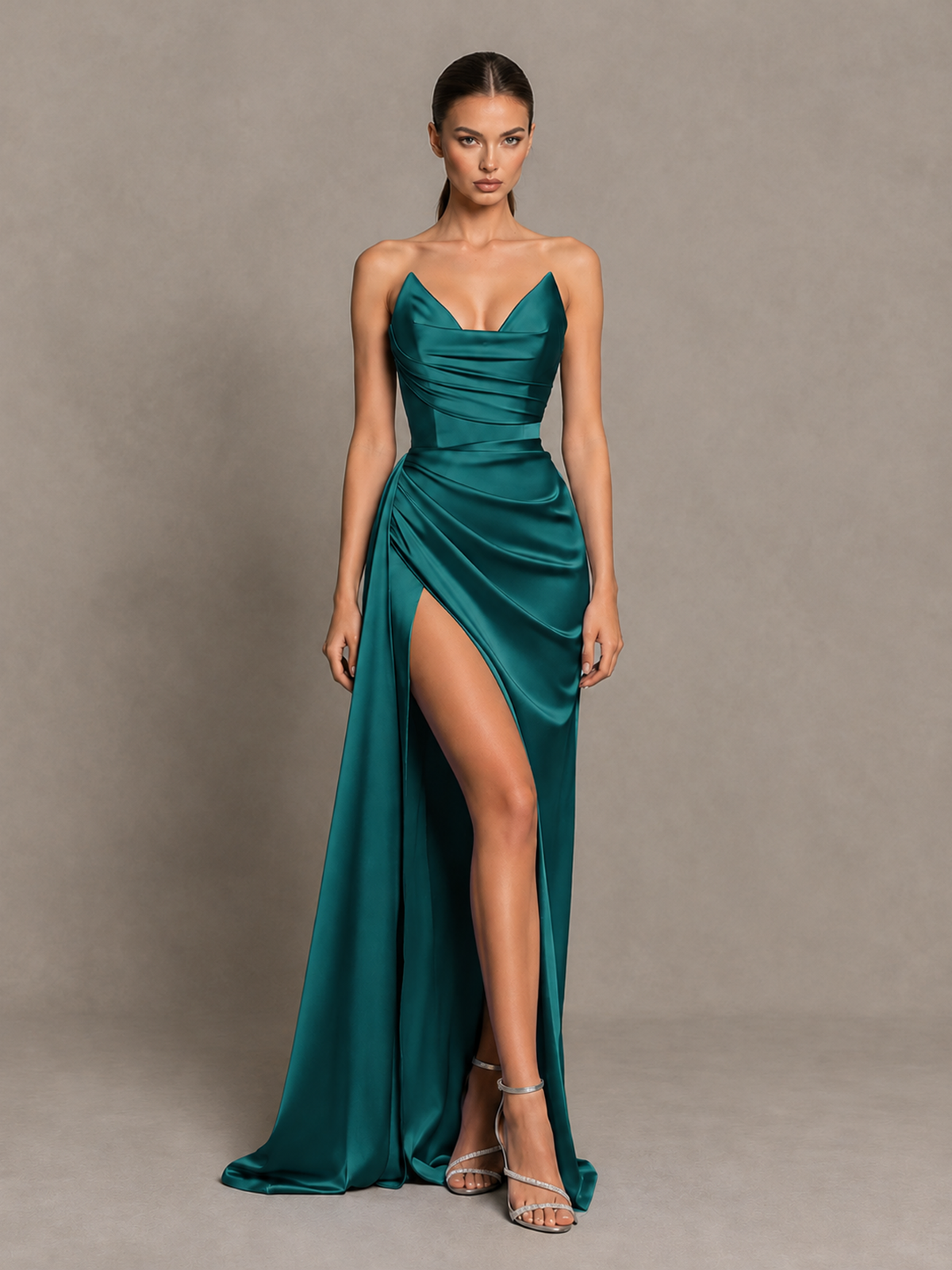 BOLODOO Teal Strapless Satin High-Slit Lace-Up Prom Dress 