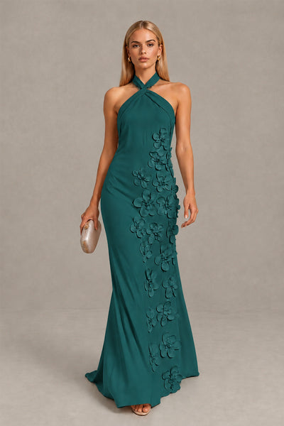 BOLODOO Teal Cross Halter Neck 3D Floral Appliqué Backless Mermaid Maxi Gown 