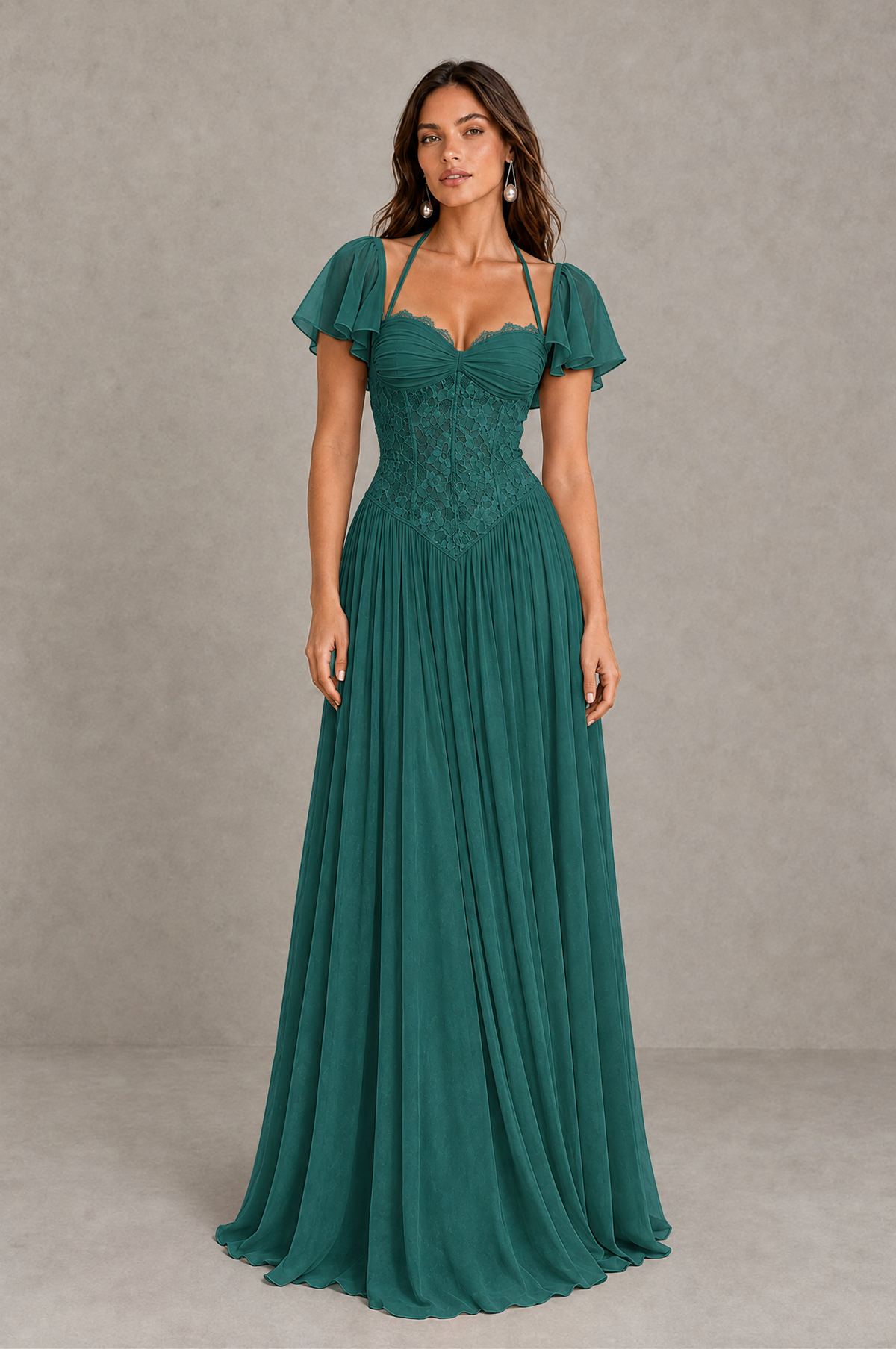 BOLODOO Teal Flutter Sleeve Lace Corset A-Line Maxi Dress 