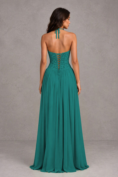 BOLODOO Teal Lace Corset Halter Maxi Gown – Backless A-Line Formal Dress 