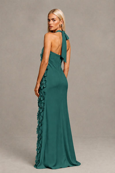 BOLODOO Teal Cross Halter Neck 3D Floral Appliqué Backless Mermaid Maxi Gown 