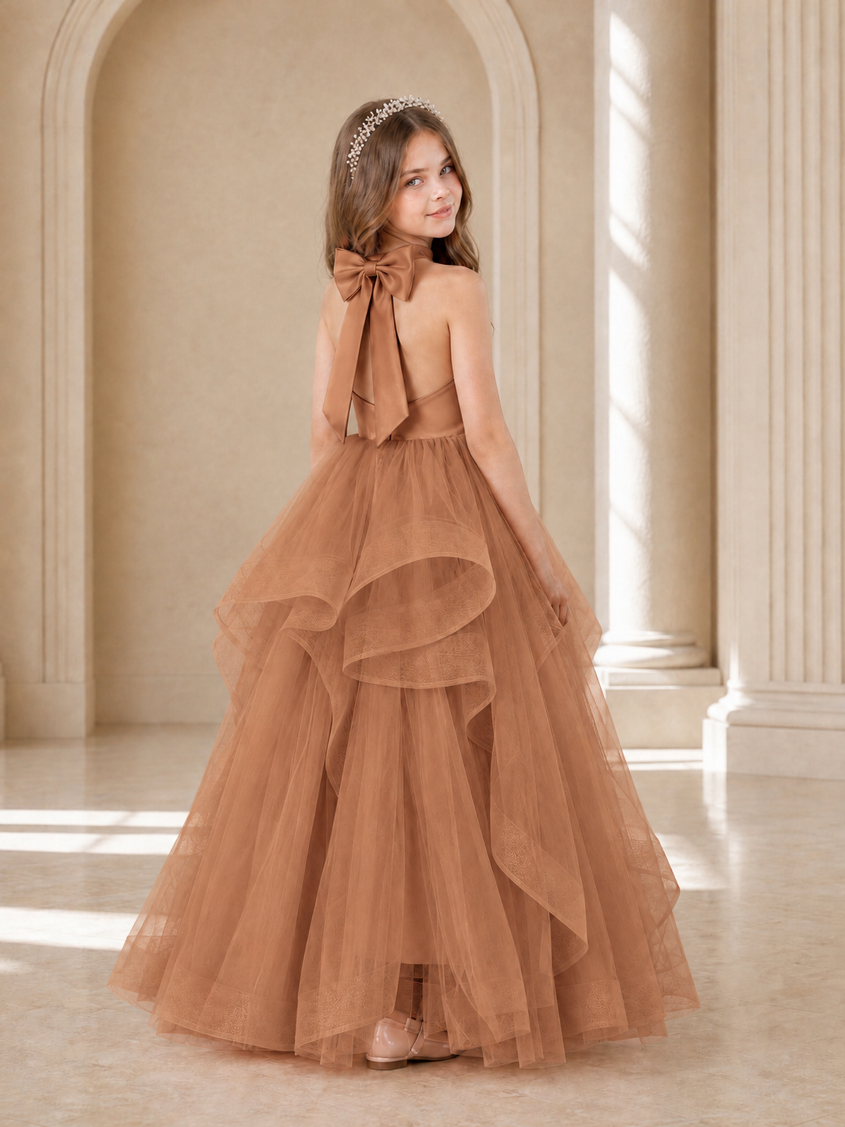 BOLODOO Terracotta Halter Tiered Tulle Flower Girl Dress with Bow Back - Terracotta - Terracotta_1