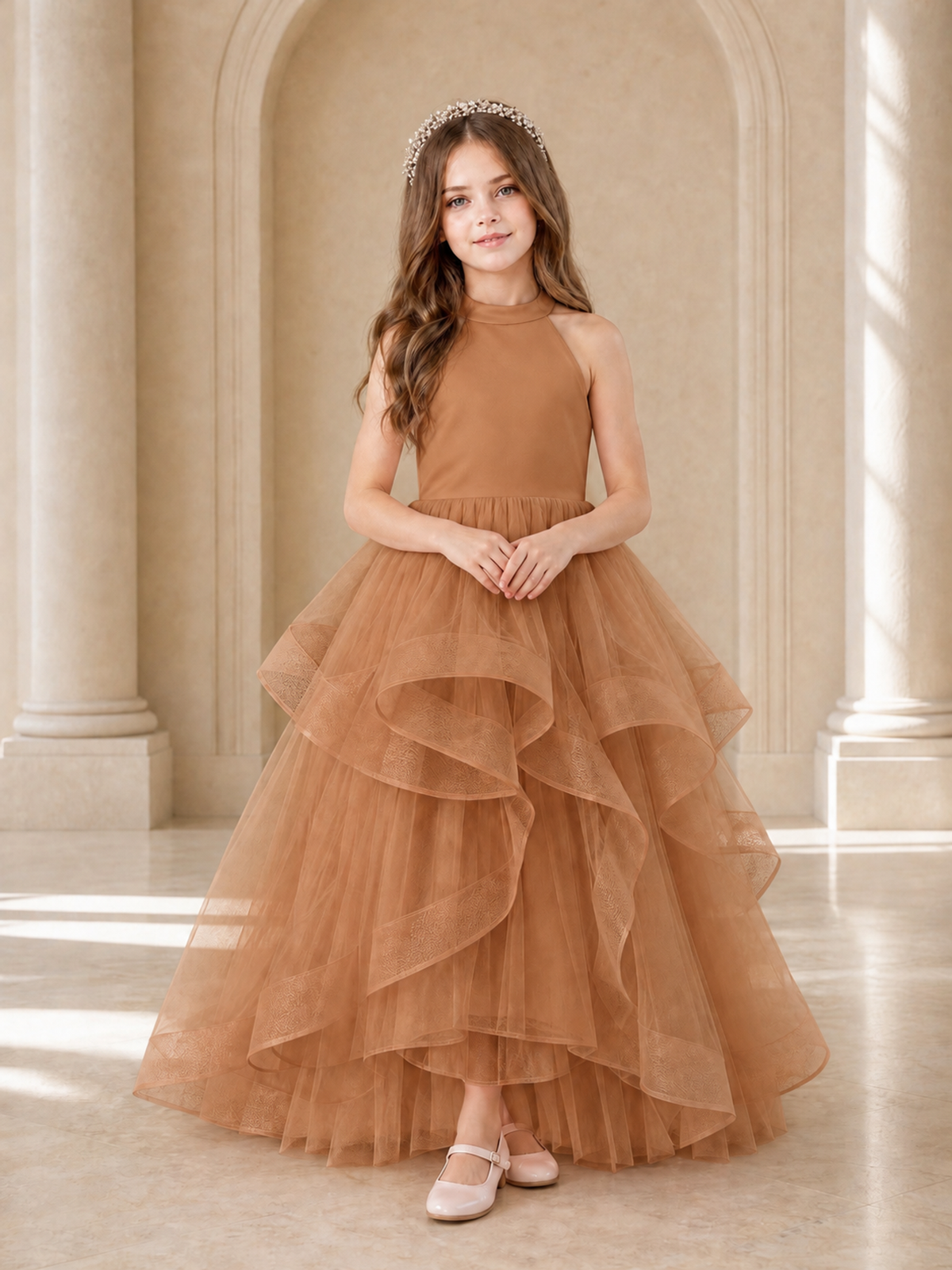 BOLODOO Terracotta Halter Tiered Tulle Flower Girl Dress with Bow Back - Terracotta - Terracotta_2