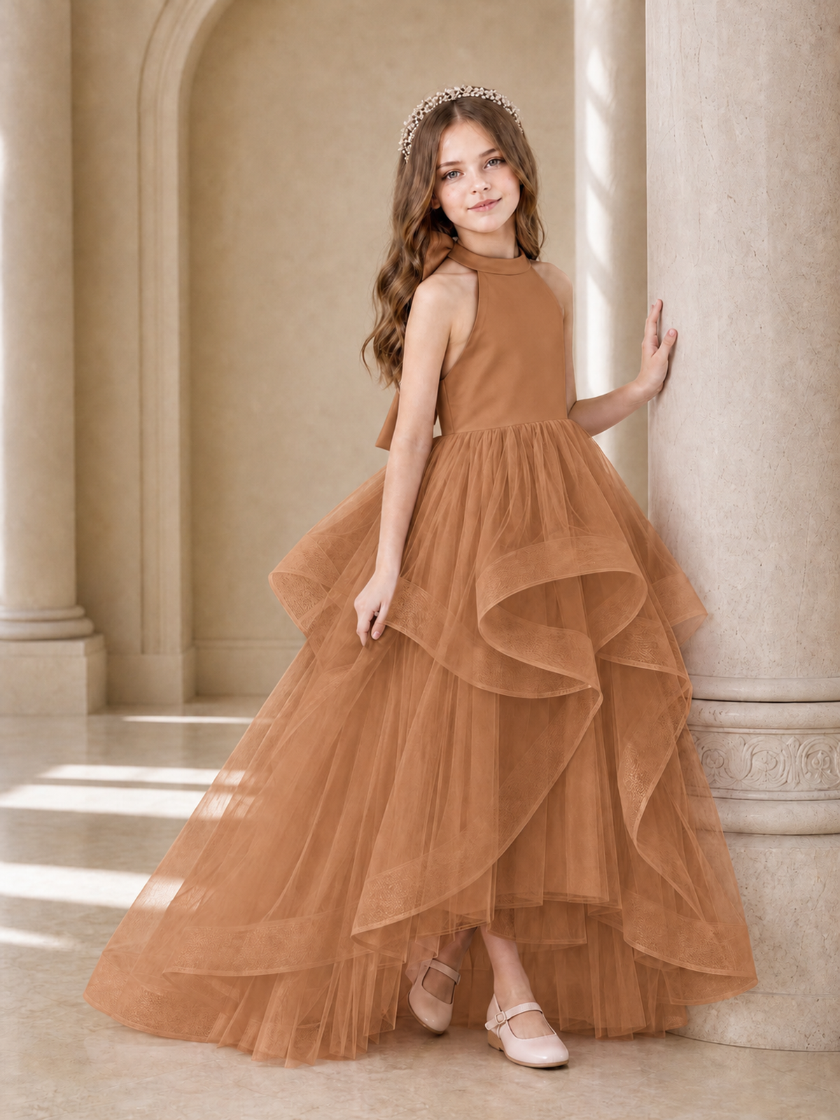 BOLODOO Terracotta Halter Tiered Tulle Flower Girl Dress with Bow Back - Terracotta - Terracotta_3